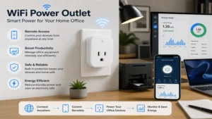 wifi power outlet powering home office equipment with remote access and energy-saving capabilities