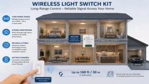 wireless light switch kit demonstrating long range signal coverage throughout a multi room home