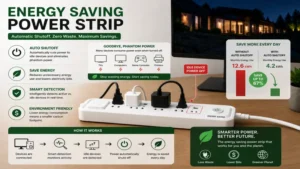 Energy saving power strip with automatic shutoff technology that eliminates phantom power and lowers energy costs