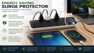 Modern energy saving surge protector with USB charging ports for convenient device charging
