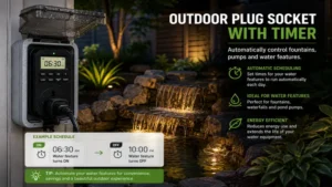 Using an outdoor plug socket with timer to control fountains and outdoor water features
