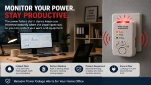 power failure alarm device monitoring electrical supply in a home office environment