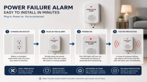 Power failure alarm installation guide showing quick setup in a residential wall outlet