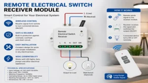 remote electrical switch receiver module with wiring connections for remote electrical control