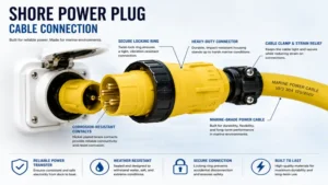 shore power plug cable connection showing heavy-duty marine power cable and corrosion-resistant contacts