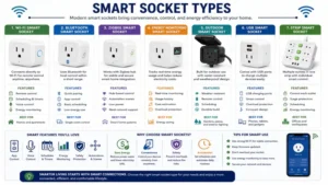 types of socket featuring smart technology with remote control and energy monitoring