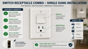 Standard single-gang switch receptacle combo installed in a residential wall box with labeled features
