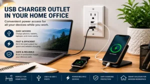 usb charger outlet in a home office workspace supporting convenient device power access