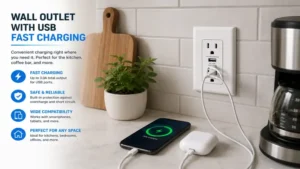 Wall outlet with usb fast charging mounted above a kitchen countertop for convenient charging