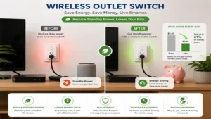 Wireless outlet switch reducing standby power consumption and helping lower energy bills.