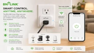 bn link smart plug installed in a wall outlet providing wireless control of connected devices
