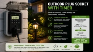 Outdoor plug socket with timer helping reduce energy consumption through scheduled operation
