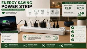 Energy saving power strip powering multiple household and office devices while helping reduce electricity usage