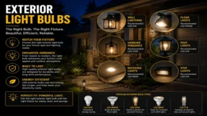 exterior light bulbs matched with various outdoor fixtures including wall lanterns, flood lights, and pathway lights