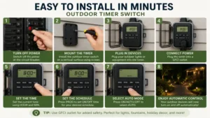 Smart outdoor timer switch setup providing convenient automated control for outdoor lighting and appliances