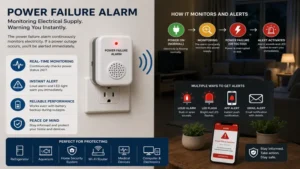 Power failure alarm monitoring electrical supply and sending instant outage alerts