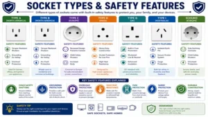types of socket with built in safety features including grounding, shutters, and overload protection