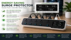 energy saving surge protector with built-in energy monitoring display showing power consumption data
