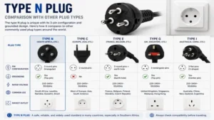 type n plug compared with other international plug types to illustrate design differences