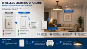 Home lighting upgrade with a wireless light switch and receiver replacing traditional wired switching systems