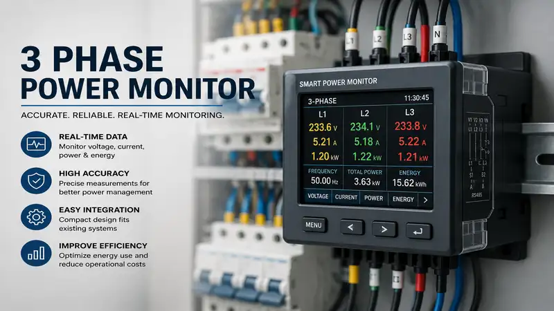 3 phase power monitor installed in an industrial electrical panel for accurate energy monitoring