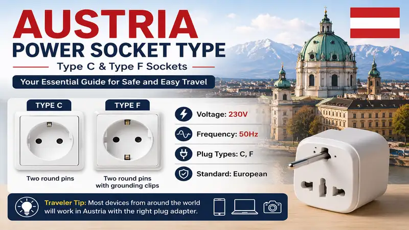 Austria power socket type with Type C and Type F electrical outlets and travel plug adapter