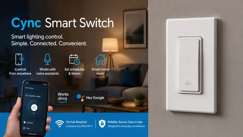 Cync smart switch installed on a modern wall controlling smart home lighting