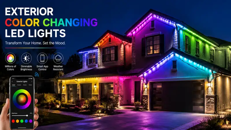 Modern home illuminated with exterior color changing led lights creating a vibrant nighttime exterior.