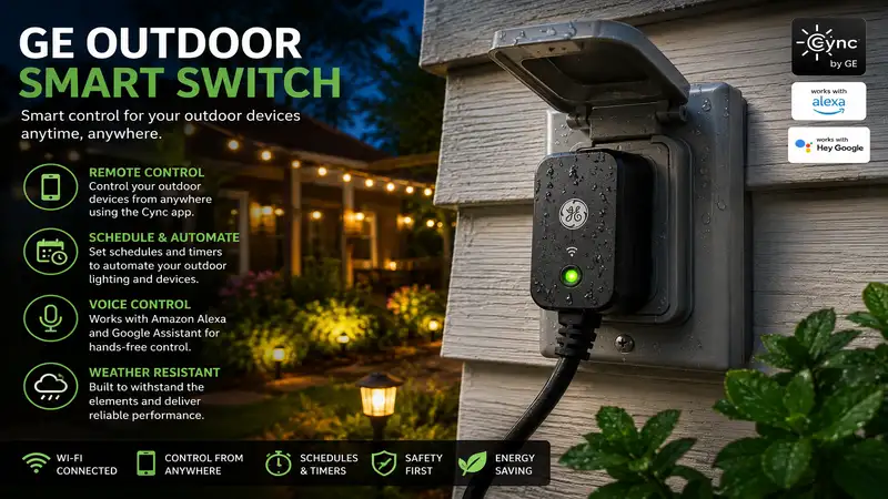 ge outdoor smart switch installed outdoors to control landscape lighting and outdoor devices remotely