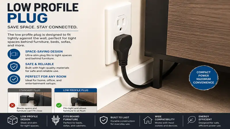 low profile plug designed to fit behind furniture while providing a safe and space-saving electrical connection.
