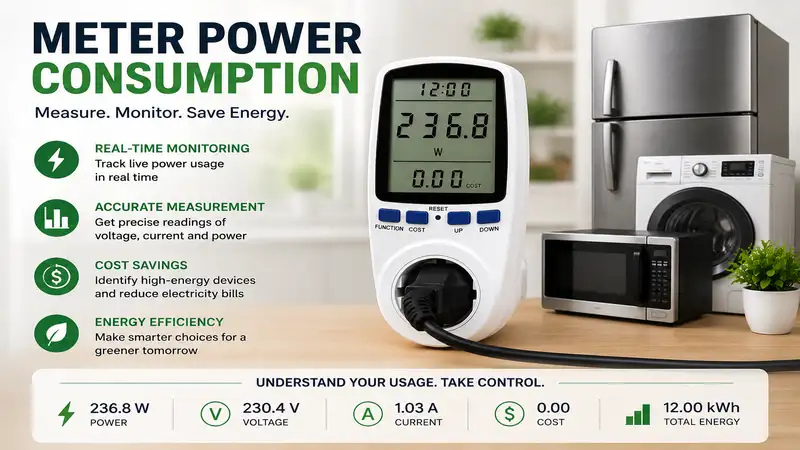 Digital meter power consumption monitor measuring the electricity usage of household appliances