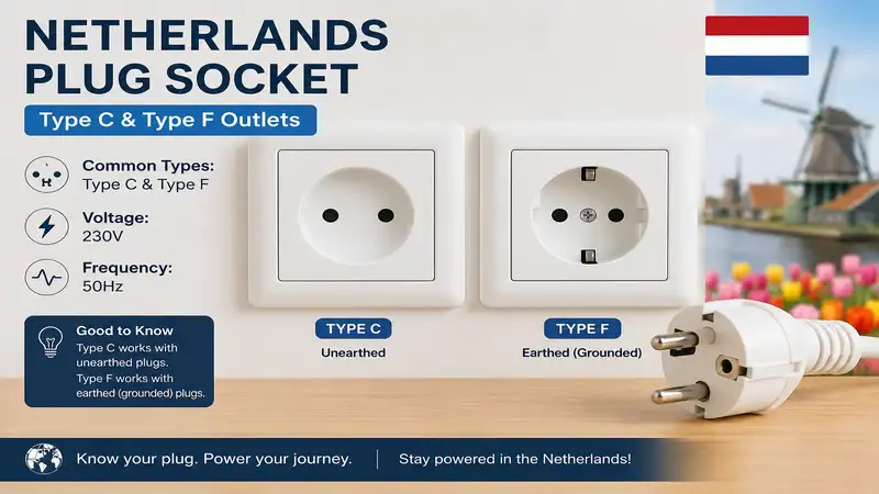netherlands plug socket with Type C and Type F outlets for 230V power supply