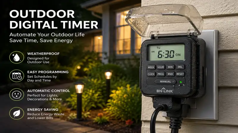 Outdoor digital timer mounted on an exterior wall for automatic control of outdoor lighting and electrical devices