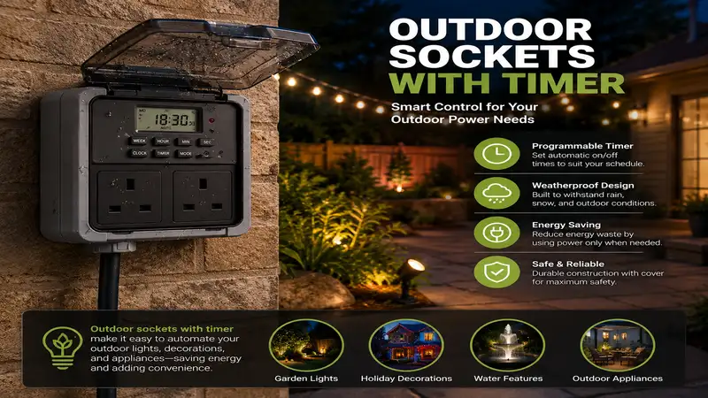 outdoor sockets with timer installed outdoors for automatic control of lighting, garden equipment, and seasonal decorations.