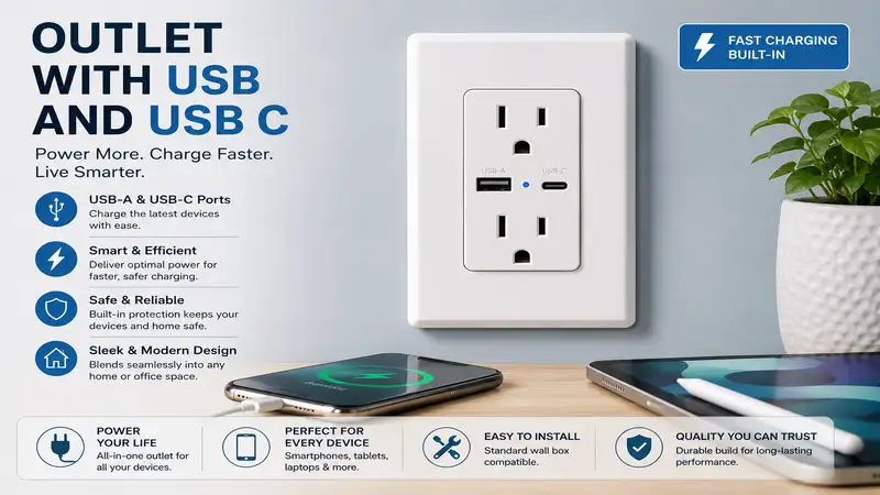 Outlet with usb and usb c featuring standard power sockets for fast and convenient device charging