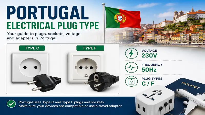 Portugal electrical plug type with Type C and Type F power plugs and wall socket guide