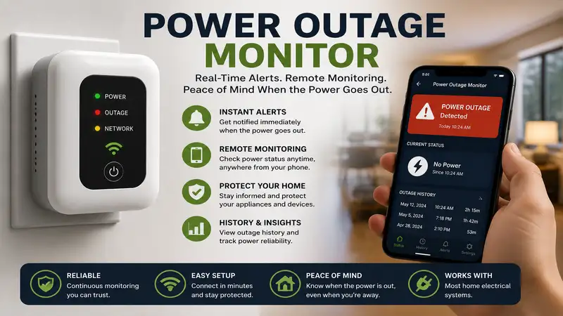 Power outage monitor providing real-time outage alerts and remote home monitoring
