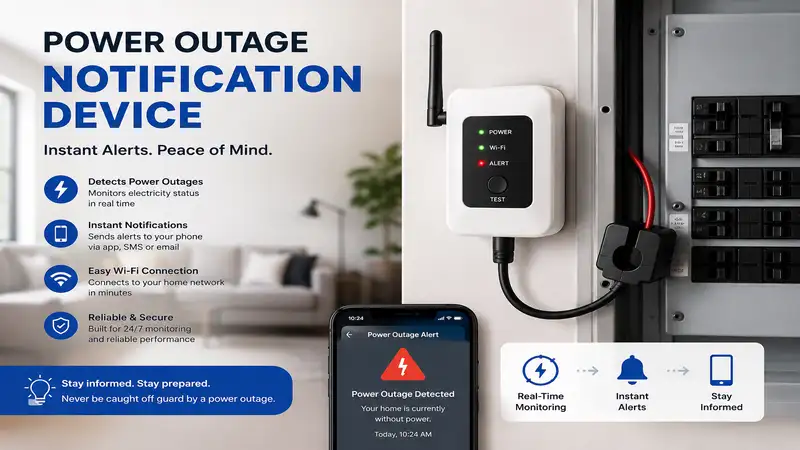 Power outage notification device installed in a modern home for instant blackout alerts and remote monitoring.