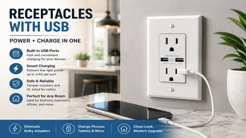 Receptacles with usb installed in a modern home for convenient device charging