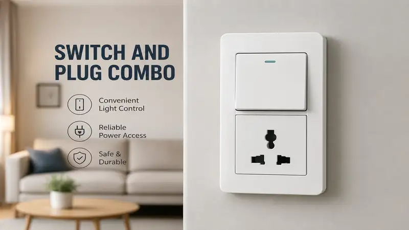 Modern switch and plug combo installed on a clean interior wall for convenient power and lighting control.