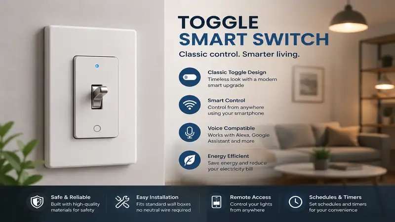Modern toggle smart switch installed on a wall for seamless smart home lighting control.