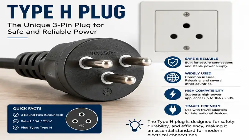 Type H plug used for electrical outlets with a close-up view of its unique three-pin design.