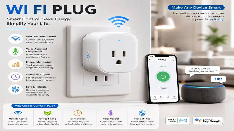 Wi fi plug for smart home automation with remote control and voice assistant compatibility
