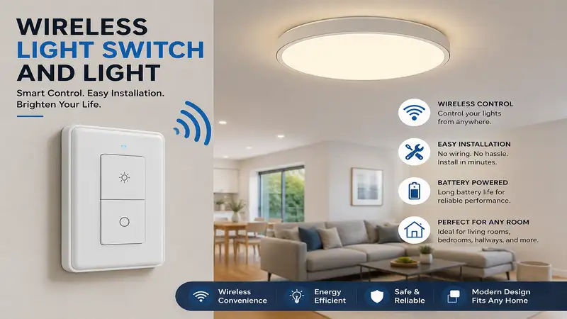 wireless light switch and light installed in a modern home for convenient and wireless lighting control.