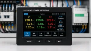 Digital 3 phase power monitor displaying real-time voltage, current, and power readings