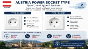 Austria power socket type showing Type C and Type F sockets commonly used across the country