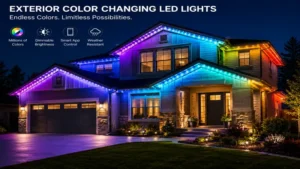Contemporary home featuring exterior color changing led lights installed along the roofline and exterior walls.