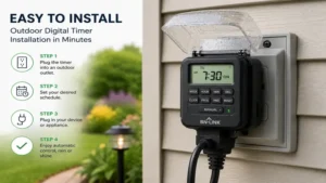 Outdoor digital timer installation on an outdoor power outlet with weatherproof cover
