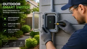 Electrician installing an outdoor smart switch in a weatherproof electrical box outside a home.