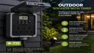 Weatherproof outdoor sockets with timer providing reliable power for outdoor electrical devices in rainy conditions.